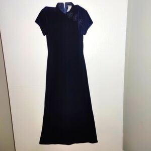 Vintage 80s Rhapsody Soft Slinky Poly Velvet Frog Collar Maxi Dress .Blue Size 8